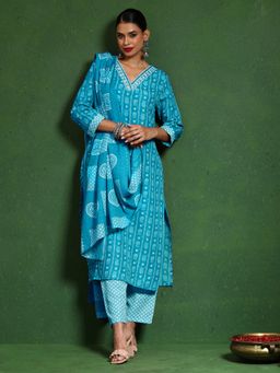 KSUT - Blue Women Floral V Neck Kurta with Pant & Dupatta