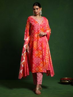 KSUT - Orange Women Bandhani Printed V Neck Kurta with Pant & Dupatta
