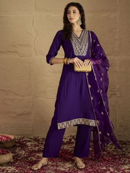 KSUT - Purple Women Zari Embroidered Yoke Kurta with Pant & Dupatta