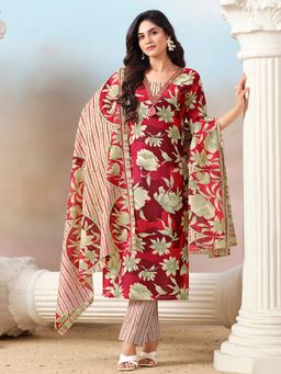 KSUT - Red Floral Kurta with Mirror Detailing with Printed Pant & Dupatta