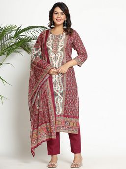 KSUT - Burgundy Pakistani Printed Mirror and Embroidered Kurta with Pant & Dupatta