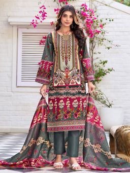 KSUT - Grey Women Ethnic Floral Mirror Embroidered Pakistani Kurta with Pant & Dupatta