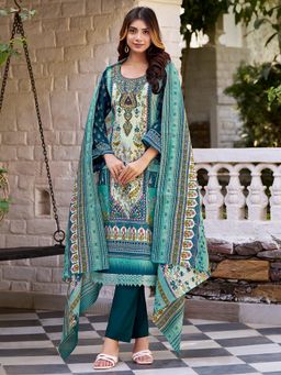 KSUT - Blue Women Ethnic Floral Mirror Embroidered Pakistani Kurta with Pant & Dupatta