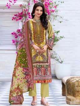 KSUT - Mustard Women Ethnic Floral Mirror Embroidered Pakistani Kurta with Pant & Dupatta