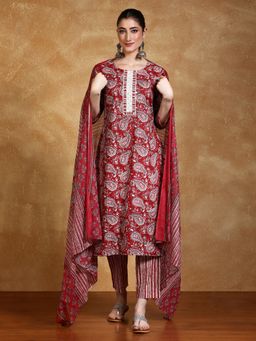 KSUT - Red Paisley Printed Round Neck Kurta with Pant & Dupatta