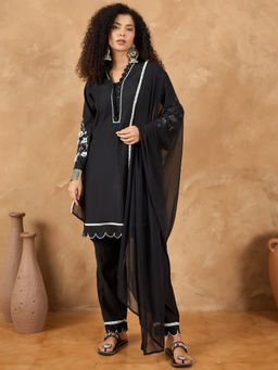 KSUT - Black 3D Work On The Sleeves Paired with Solid Kurta with Pant & Dupatta