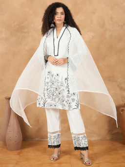 KSUT - White Thread Embroidery Paired with Kurta with Pant & Dupatta