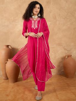 KSUT - Pink Women Pink Adorned with Thread Embroidery, Teamed Kurta with Pant & Dupatta