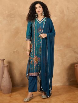 KSUT - Blue Women A Vibrant 3-Piece Blue Ikat-Printed Kurta with Pant & Dupatta