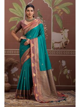 Mysilklove - Women Teal Tussar Woven Handloom Saree with Unstitched Blouse