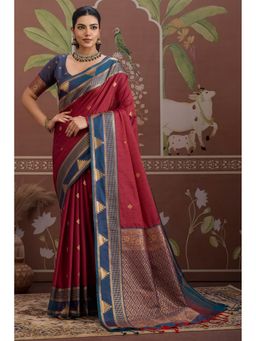 Mysilklove - Women Maroon Tussar Woven Handloom Saree with Unstitched Blouse