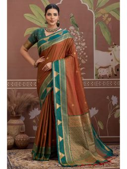 Mysilklove - Women Brown Tussar Woven Handloom Saree with Unstitched Blouse