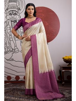 Mysilklove - Women Purple Woven Handloom Saree with Unstitched Blouse