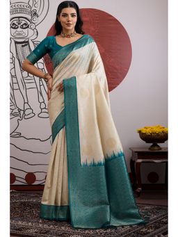 Mysilklove - Women Green Silk Blend Woven Saree with Unstitched Blouse