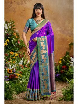 Mysilklove - Women Purple Handloom Saree with Unstitched Blouse