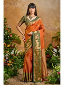Mysilklove - Women Orange Banarasi Woven Handloom Saree with Unstitched Blouse