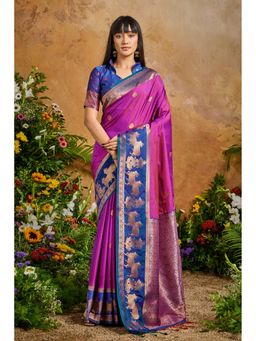 Mysilklove - Women Purple Woven Handloom Saree with Unstitched Blouse