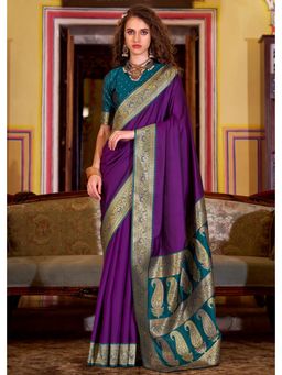 Mysilklove - Women Purple Banarasi Handloom Saree with Unstitched Blouse