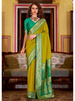 Mysilklove - Women Green Banarasi Handloom Saree with Unstitched Blouse