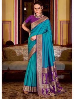 Mysilklove - Women Blue Woven Handloom Saree with Unstitched Blouse