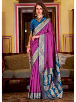 Mysilklove - Women Purple Woven Handloom Saree with Unstitched Blouse