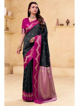 Mysilklove - Women Black Banarasi Woven Handloom Saree with Unstitched Blouse
