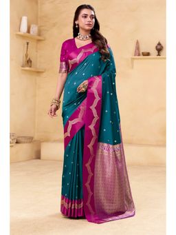 Mysilklove - Women Blue Woven Handloom Saree with Unstitched Blouse
