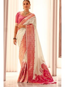 Mysilklove - Women White Banarasi Woven Handloom Saree with Unstitched Blouse