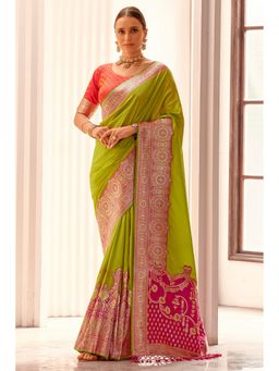 Mysilklove - Women Green Banarasi Handloom Saree with Unstitched Blouse