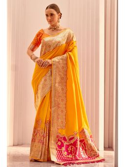 Mysilklove - Women Yellow Banarasi Woven Saree with Unstitched Blouse