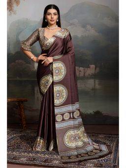 Mysilklove - Women Brown Modal Printed Saree with Unstitched Blouse