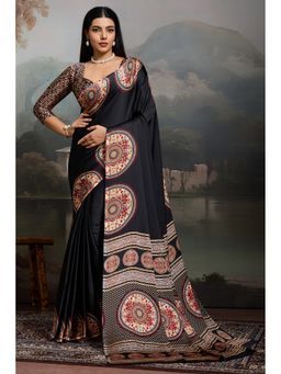 Mysilklove - Women Black Modal Printed Saree with Unstitched Blouse
