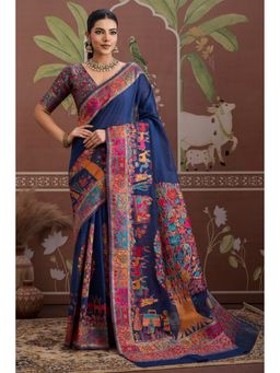 Mysilklove - Women Blue Silk Blend Printed Saree with Unstitched Blouse