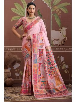 Mysilklove - Women Pink Silk Blend Printed Saree with Unstitched Blouse