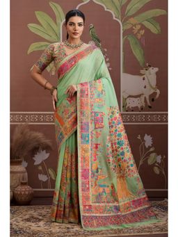 Mysilklove - Women Green Silk Blend Printed Saree with Unstitched Blouse