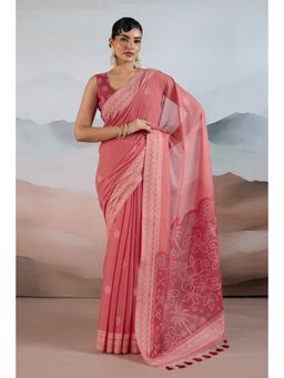 Mysilklove - Women Pink Cotton Printed Saree with Unstitched Blouse
