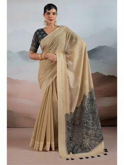 Mysilklove - Women Beige Cotton Printed Saree with Unstitched Blouse