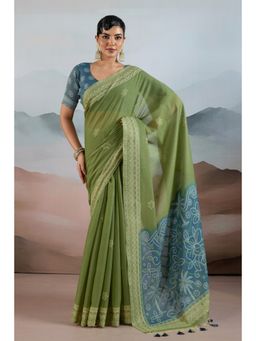 Mysilklove - Women Green Cotton Printed Saree with Unstitched Blouse