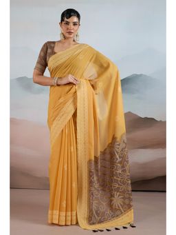 Mysilklove - Women Yellow Cotton Printed Saree with Unstitched Blouse