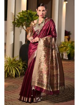 Mysilklove - Women Wine Tussar Woven Handloom Saree with Unstitched Blouse