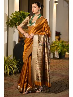 Mysilklove - Women Yellow Tussar Woven Handloom Saree with Unstitched Blouse