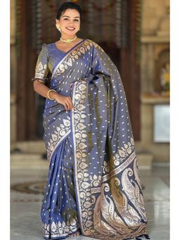 SGF11 - Women Grey Kanjeevaram Woven Handloom Saree with Unstitched Blouse