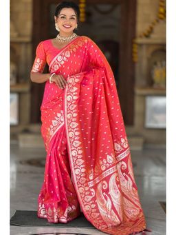 SGF11 - Women Peach Kanjeevaram Woven Handloom Saree with Unstitched Blouse