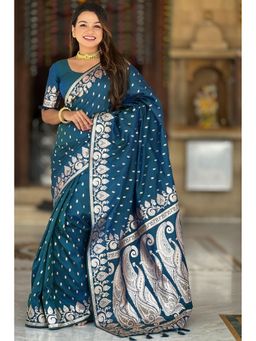 SGF11 - Women Blue Kanjeevaram Woven Handloom Saree with Unstitched Blouse