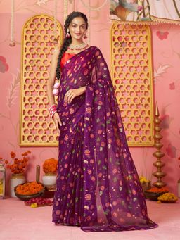 Garden VARELI - Women Wine Chiffon Floral Printed Saree Without Blouse