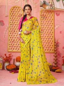 Garden VARELI - Women Yellow Chiffon Abstract Printed Saree Without Blouse
