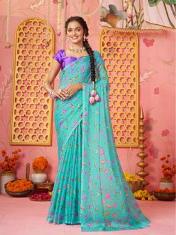 Garden VARELI - Women Turquoise Chiffon Abstract Printed Saree Without Blouse