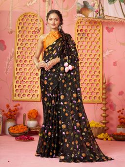 Garden VARELI - Women Black Chiffon Abstract Printed Saree Without Blouse