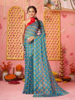 Garden VARELI - Women Blue Chiffon Floral Printed Saree Without Blouse