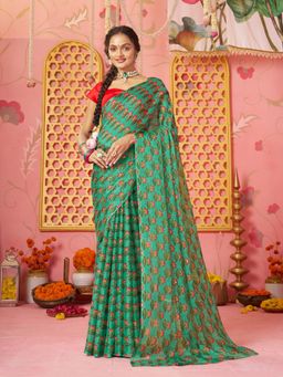 Garden VARELI - Women Green Chiffon Abstract Printed Saree Without Blouse